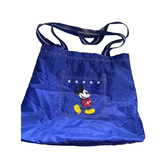 Disney Mickey Mouse Blue Tote Bag With Red Sequin Bow White Stitching & Striped - Picture 1 of 7